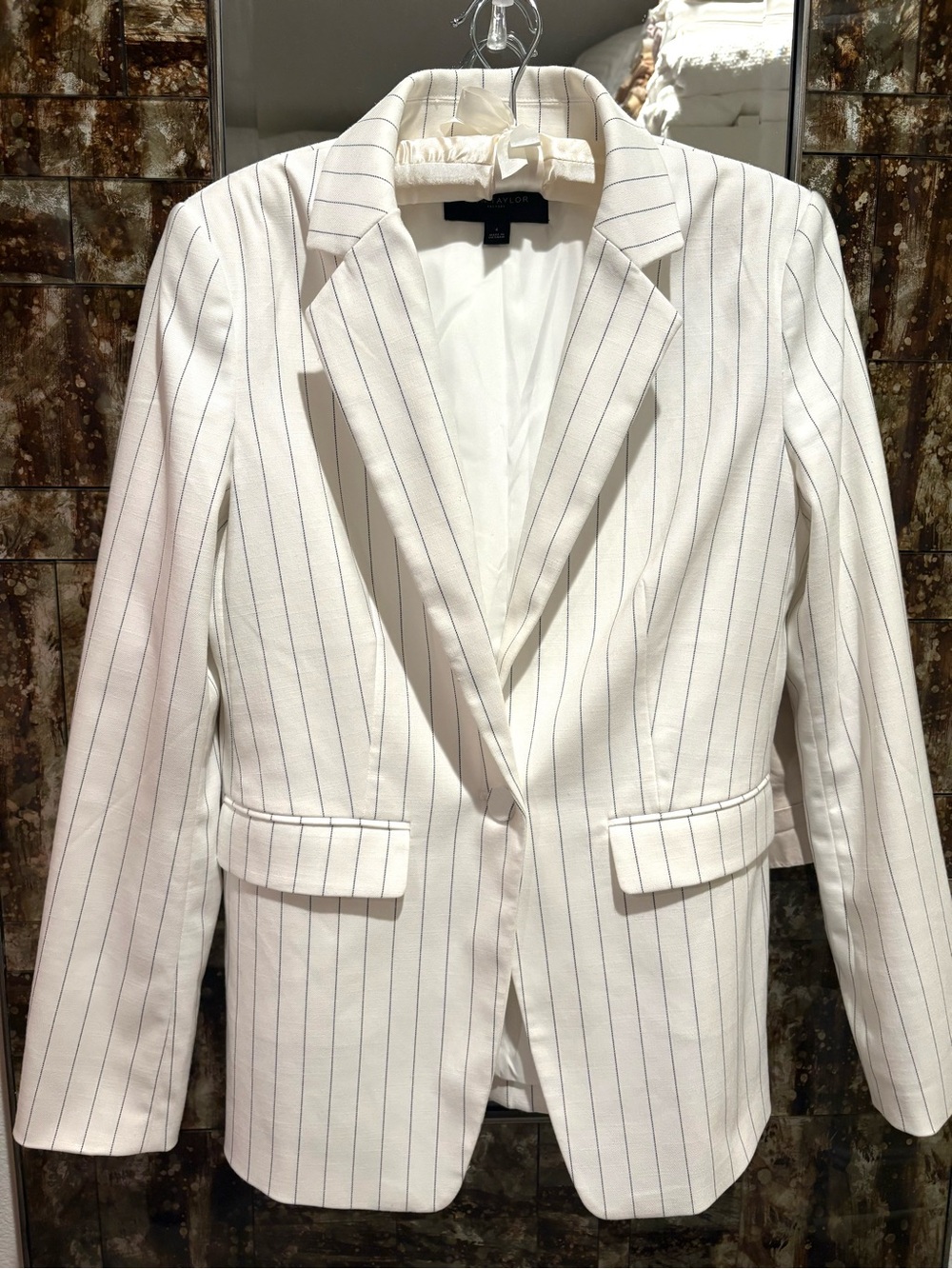 Ann Taylor Factory White Blazer with Navy Pinstripes